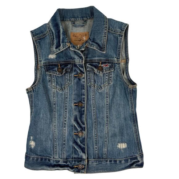Hollister Women’s XS Denim Vest Blue Jean Button Front Sleeveless 100% Cotton - Picture 2 of 11